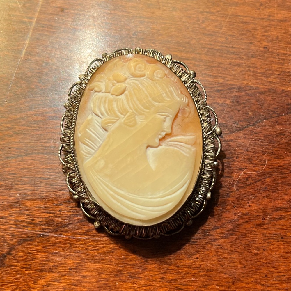 HAND CARVED CAMEO vintage antique real shell brooch